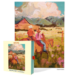 Jigsaw puzzle box with a cowboy and cowgirl on horses in a scenic setting