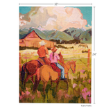Jigsaw puzzle with two people on horses in a scenic setting, dimensions 18x24 inches, artist Jess Franks.