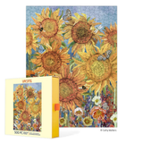 Jigsaw puzzle box with sunflower design and Werkshoppe branding
