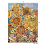Jigsaw puzzle with sunflower design and butterfly elements, shown with dimensions 18x24 inches.