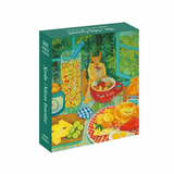 Jigsaw puzzle box with a squirrel and breakfast items illustration on a white background