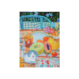Colorful illustration of a rabbit, fruits, and a chair on a white background