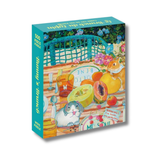 Jigsaw puzzle box with a colorful design featuring fruits, a basket, and a cat.