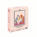 Puzzle box with illustration of a cat and a girl on a pink background