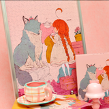 Illustration of a girl with red hair and a wolf on a pink background, with a tea set and lamp in the foreground.