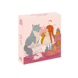 Puzzle box with illustration of a girl and animals on a pink background