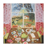 Illustration of a cozy room with a table by a window, featuring a teapot and snacks.