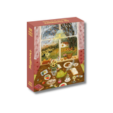 Jigsaw puzzle box with a scenic illustration of a window view and table setting.