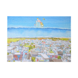 Illustration of a cityscape with a character flying over it
