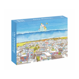 Puzzle box with a scenic illustration of a town and two people on a hill.