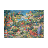 Colorful tapestry with a fantasy landscape featuring buildings, trees, and a river.