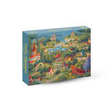 Jigsaw puzzle box with colorful illustration of a fantasy landscape on a white background