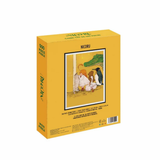 Yellow puzzle box with a cartoon illustration of penguins and a crocodile on a white background