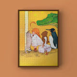 Framed jigsaw puzzle of a child with animals on a yellow background