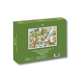 Green puzzle box for a RTO product with an illustration of a scene of funny characters working at desks