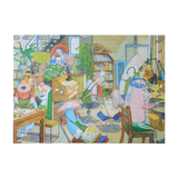 Illustration of a classroom with students and teachers, featuring colorful characters and furniture.