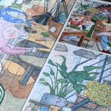 Partial puzzle pieces of a colorful scene with plants and furniture.