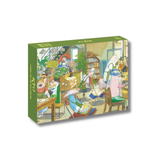 Jigsaw puzzle box with colorful illustration of a room filled with people and plants on a white background