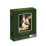 A 500-piece jigsaw puzzle box titled 'Trick or Treat' by Weve Puzzles, featuring a dark forest green box with gold lettering and an illustration of two children in white costumes holding red apples.