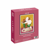 Puzzle box with cartoon illustration of a character and two bears on a pink background