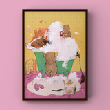 Framed artwork of a girl with teddy bears on a pink background