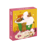 Jigsaw puzzle box with cartoon design of a girl and bears in a bathtub on a yellow background