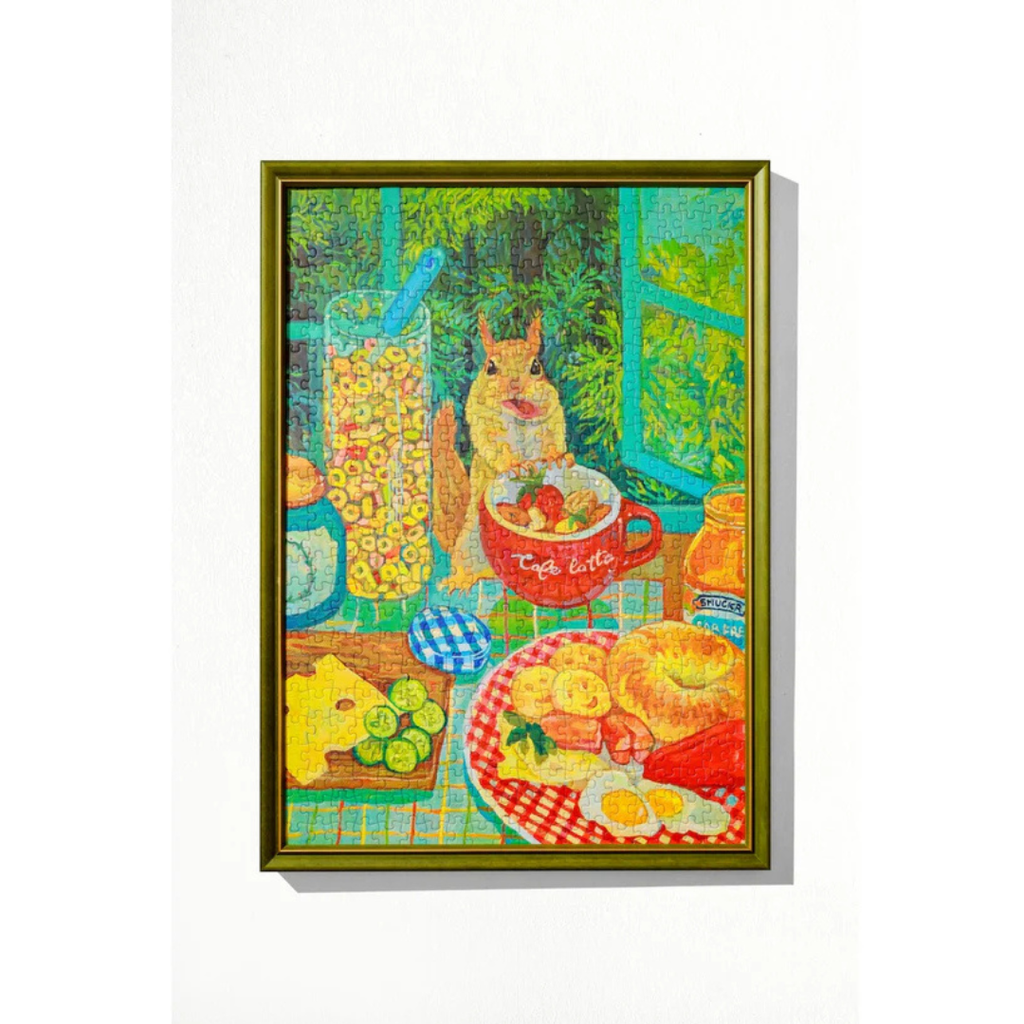 Colorful painting of a squirrel at a table with food and drinks.