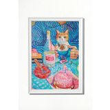 Framed artwork of a cat at a table with various items on a colorful background