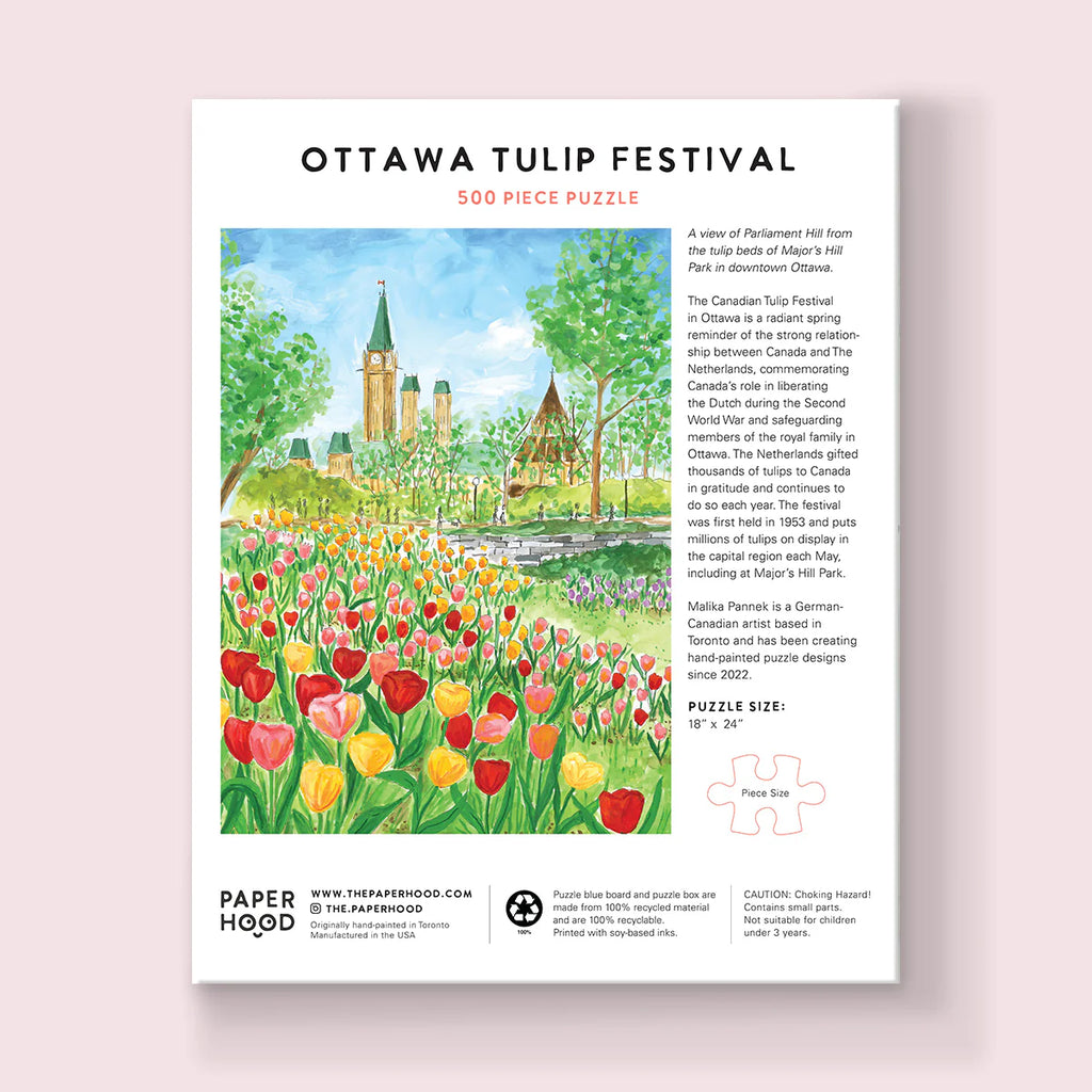 back of jigsaw puzzle box of 500 piece puzzle of the Ottawa tulip festival