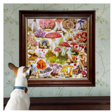 Dog looking at a framed illustration of mushrooms on a floral wallpapered wall