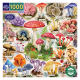 Mushroom-themed puzzle packaging with various mushroom illustrations and a 1000-piece count label.