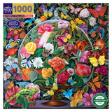 Jigsaw puzzle packaging with a colorful design of flowers and butterflies.