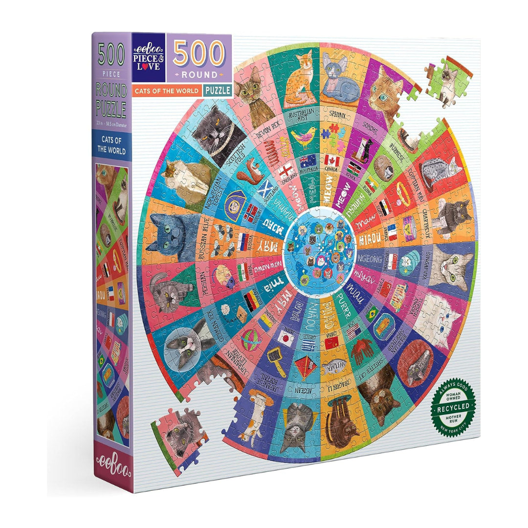eeBoo - Cats Of The World 500 Piece Round Puzzle - The Puzzle Nerds 