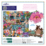 Puzzle packaging with a colorful scene of a room filled with flowers and objects, featuring eEboo branding.