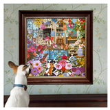 Dog looking at a colorful mosaic artwork of a kitchen scene with flowers and cats.