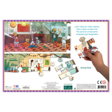 Children's educational puzzle with colorful illustrations of a classroom and a hand holding a piece.