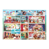 Illustrated school of magic and wonder with various rooms and activities