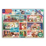 Children's puzzle box with illustrations of a school and colorful rooms, featuring the number 100 on a white background.