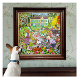 Framed colorful painting of a garden scene with a dog looking at it.