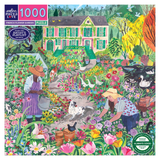Jigsaw puzzle packaging with a colorful illustration of a garden scene and house.