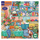 Harvest Kitchen puzzle packaging with colorful kitchen scene and 1000 piece count.