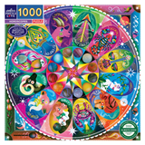 Colorful Horoscopes puzzle packaging with zodiac signs and celestial design.
