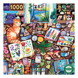 Jigsaw puzzle box with a colorful illustration of a cat at a desk with books and art supplies.