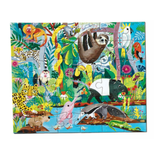 Children's puzzle with colorful illustrations of animals in a jungle setting