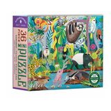 Jungle-themed puzzle box with colorful illustrations of animals and plants on a white background