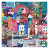 Colorful puzzle box featuring a vibrant illustration of a Scottish island town with boats and houses.