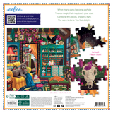 Puzzle packaging with a colorful room scene and puzzle pieces.