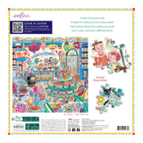Puzzle packaging with colorful illustration of a candy store and puzzle pieces.