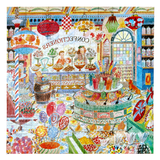 Colorful illustration of a candy store with various sweets and treats.