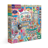 Colorful puzzle box with a candy store illustration on a white background